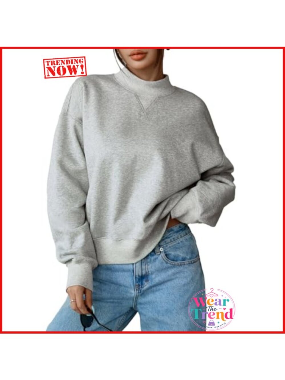Cropped Mock Neck Pullover Sweatshirt 85% Cotton Relaxed Fit Fall Top Womens